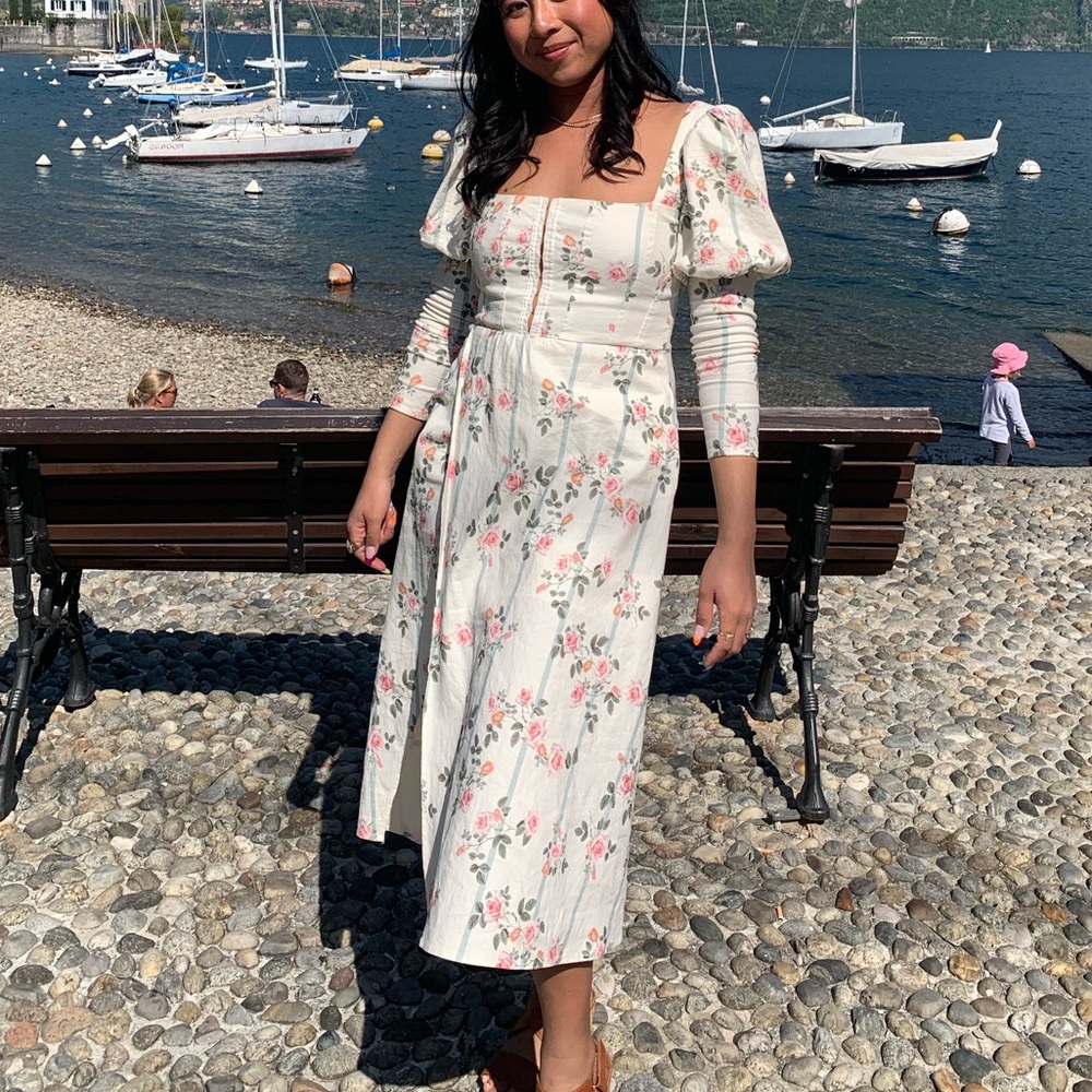 For Love and Lemons Empire Ivory Pink Floral Puff sleeve dress